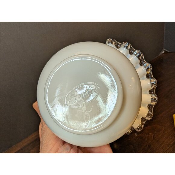 Vintage Fenton Milk Glass Ruffled Basket With Clear Glass Handle 6" T X 5" W - Picture 4 of 7